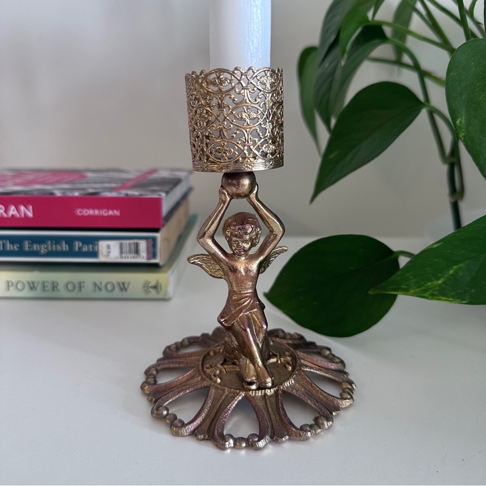 Rose Brass Tone Metal Cherub Candle Stick. 3.5” x 5”